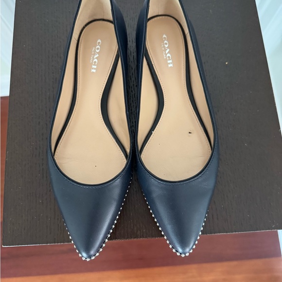 Coach Shoes - COACH Navy Pointed Leather Flats with Silver Stud Trim
